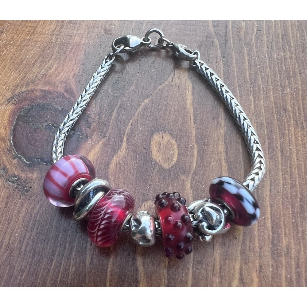 Trollbeads LAA 925‎ Sterling Silver Bracelet 3 Charms 4 Lampwork Glass Beads 7"